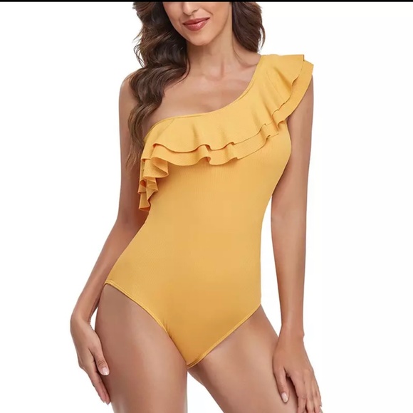 Mustard Yellow One Piece Ribbed Body Ruffle Top - Picture 1 of 4